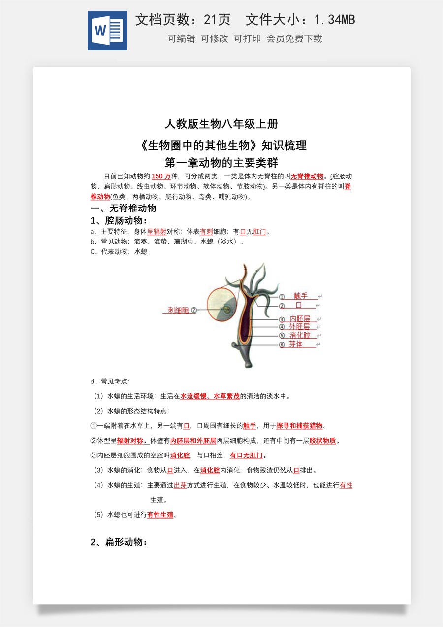 八年级上册生物章节知识总结（人教版）背诵版 (20页).Doc